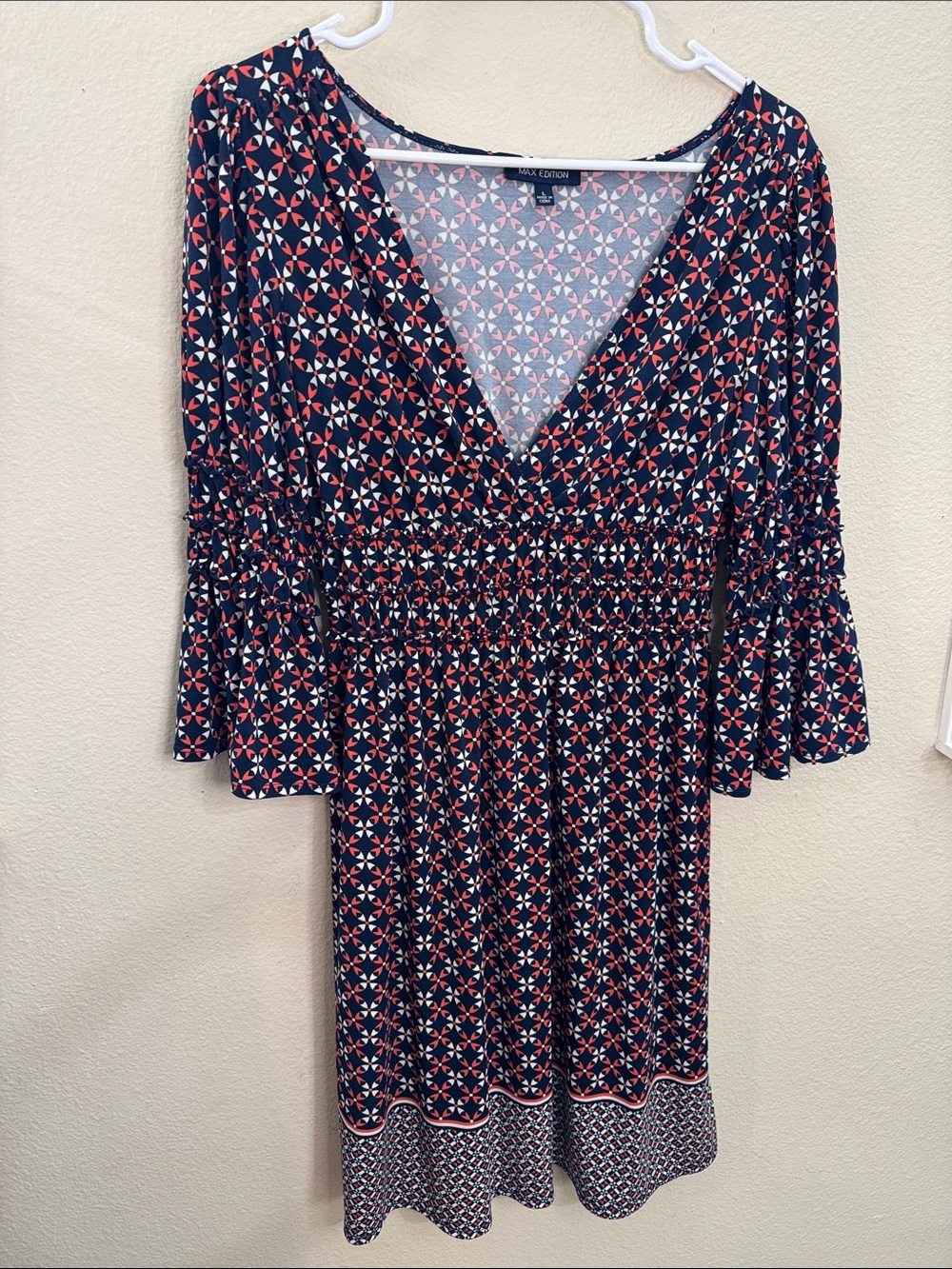 Max Edition Navy Red & White Geo-Print V-Neck Smocked Waist Dress